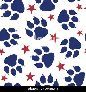 Niedliche Hundepfoten Drucke in USA Nationalflagge blau rot weiß nahtlose Vektormuster patriotischer Hintergrund. Vektorabbildung Stock Vektor