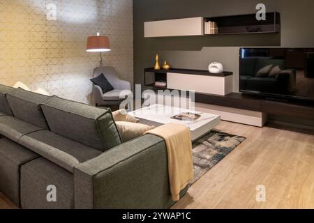 Modernes Wohnzimmer mit komfortablem Sofa, stilvollem Sessel, modernem tv und elegantem Couchtisch, beleuchtet durch eine Stehlampe Stockfoto
