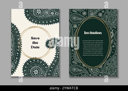 Zwei Grußkarten-Vorlagen mit schwarz-weißen Paisley-Motiven Stock Vektor