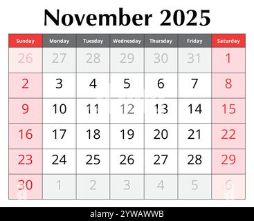 Kalender für November 2025. Illustration des Konstruktionsvektors. Englische Seite des Herbstmonats Stock Vektor