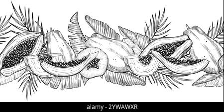 Nahtloser linearer Rand mit handgezeichneten Papaya-Scheiben und Palmblättern. Lineare Zeichnung tropischer Früchte im monochromen Stil. Vektorzeichnung exotischer Pflanzen für Kochbücher und kulinarische Designs. Stock Vektor