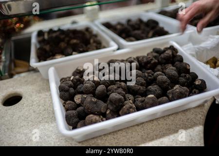 Schwarze Trüffel werden in der Geflügelhalle des International Wholesale Food Market (MIN) in Rungis, nahe Paris, ausgestellt. Dezember 2024. Foto: Eliot Blondet/ABACAPRESS. COM Credit: Abaca Press/Alamy Live News Stockfoto