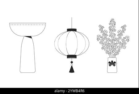 Traditionelles chinesisches Möbeldekor Schwarz-weiß 2D-Linienobjekte Set Stock Vektor