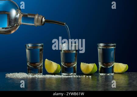 Mexikanischer Tequila mit Limette und Salz auf einem Steintisch. Starkes alkoholisches Getränk wird aus einer Flasche in einen Schuss gegossen. Stockfoto