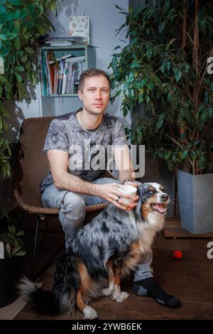 Ein junger Mann sitzt drinnen und hält einen Becher, begleitet von einem australischen Schäferhund. Üppig grüne Pflanzen und ein Bücherregal schaffen eine ruhige und intellektuelle Atmosphäre Stockfoto