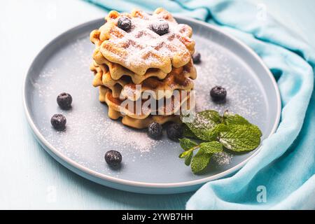 Zwei Stapel frisch gebackener belgischer oder Wiener Waffeln mit Blaubeeren und Minze auf einem blauen Teller. Hochwertige Fotos Stockfoto