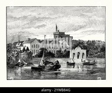 Ein alter Stich des York House, Strand, Westminster, London, England, UK in ca. 1700. Es stammt aus einem viktorianischen Geschichtsbuch aus dem jahr 1900. Das Haus (früher Norwich Palace oder Place) war eines der großen Herrenhäuser am Strand. Ursprünglich war es der Norwich Palace, der Londoner Sitz der Bischöfe von Norwich um 1235. Die Villen am Strand hatten einen direkten Zugang zur Themse. Die noch erhaltene York Watergate (oder Buckingham Watergate – Mitte rechts), eine Anlegestelle, die George Villiers, 1. Duke of Buckingham, um 1626 gebaut hatte, ist heute 100 Meter landeinwärts vom Fluss entfernt. Stockfoto