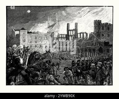 Eine alte Gravur des Palastes of Westminster, London, England, Großbritannien, das am 16. Oktober 1834 weitgehend zerstört wurde. Es stammt aus einem viktorianischen Geschichtsbuch aus dem jahr 1900. Der Brand begann in den beiden Öfen unter dem House of Lords, was einen Kaminbrand in den beiden Schornsteinschächten verursachte, die unter dem Boden der Lords' Chamber und durch die Wände hinauf verliefen. Das entstehende Feuer breitete sich rasch im gesamten Komplex aus und entwickelte sich zum größten Brand in London seit dem Großen Brand von 1666. Die Veranstaltung zog große Menschenmassen an. Stockfoto