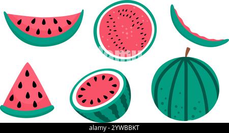 Vektor-Wassermelonenset. Handgezeichnete flache Sommer-Obstkollektion. Zeichentrickillustration von Wassermelonenschale, Kruste, Stück, in Scheiben geschnitten und in zwei Stücke geschnitten. Fres Stock Vektor
