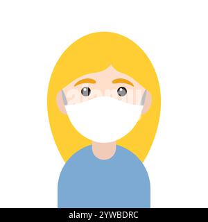 Vektor-flacher Cartoon blondes Mädchen Frau Gesicht Kopf in medizinische Maske isoliert auf weißem Hintergrund Stock Vektor