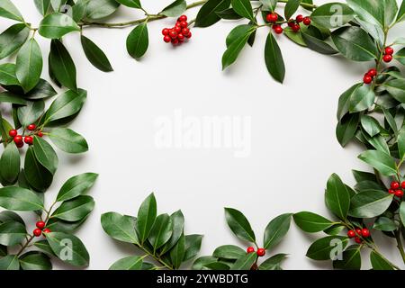 Weihnachtsrahmen aus frischen stechpalmenbeeren. Winterdekoration. Botanische festliche flache Liege, Draufsicht. Stockfoto