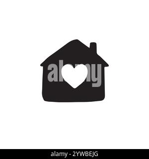 Vektor schwarz Hand gezeichnet Kritzelskizze Haus mit Herzsymbol isoliert auf weißem Hintergrund Stock Vektor