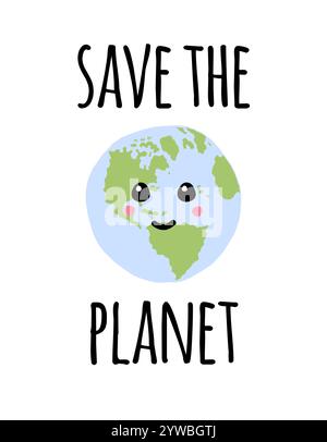 Vektor Hand gezeichnete Kritzelskizze speichern den Planeten Schrifttext und süße Kawaii Erde mit Gesicht isoliert auf weißem Hintergrund Stock Vektor