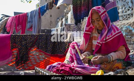 Beawar, Rajasthan, Indien, 10. Dezember 2024: Eine alte Frau, die in warme Kleidung gehüllt ist, während sie an einem kalten Wintertag in Beawar unter dem Sonnenlicht sitzt. Quelle: Sumit Saraswat / Alamy Live News Stockfoto