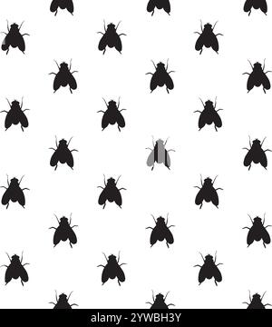 Nahtloses Vektor-Muster der schwarzen Skizze Fliegeninsektsilhouette isoliert auf weißem Hintergrund Stock Vektor
