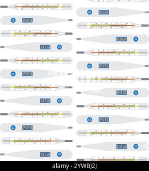Nahtloses Vektor-Muster des flachen Zeichentrick-menschlichen Körperthermometers isoliert auf weißem Hintergrund Stock Vektor