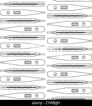 Nahtloses Vektormuster des schwarzen Umrisses des menschlichen Körperthermometers isoliert auf weißem Hintergrund Stock Vektor