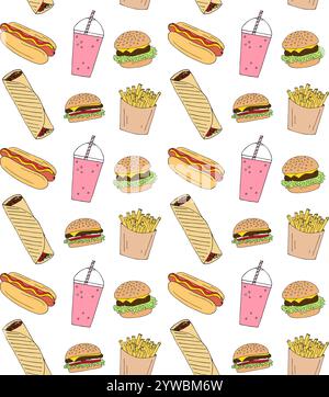 Nahtloses Vektor-Muster der verschiedenen handgezeichneten Kritzelskizze Fast Food isoliert auf weißem Hintergrund Stock Vektor