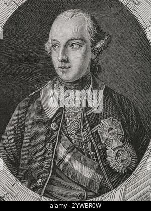 Joseph II. (1741-1790). Österreichischer Erzherzog. Römischer Kaiser (1765-1790). König von Ungarn, Kroatien und Böhmen (1780-1790). Hochformat. Gravur. "Geschichte der Französischen Revolution". Band I, Teil 2, 1879. Stockfoto