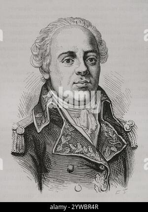 Jacques-Francois Menou (1750–1810), genannt Abdallah de Menou, als er zum Islam konvertierte, nachdem er eine ägyptische Frau geheiratet hatte. Französischer General der Revolutionären und Napoleonischen Kriege. Er bekleidete 1789 den Rang eines Feldmarschalls, als er 1789 vom zweiten Staat der Bailiwick von Touraine in den Generalstand gewählt wurde. 1798 kommandierte er eine der fünf Divisionen der Armée d’Orient im ägyptischen Feldzug. Er folgte Jean-Baptiste Kléber als Generalmajor der ägyptischen Streitkräfte nach seiner Ermordung am 14. Juni 1800. Hochformat. Gravur. "Geschichte der Französischen Revolution". Lautstärke Stockfoto