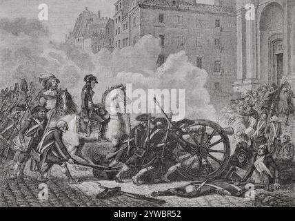 Französische Revolution. 13 Vendémiaire Jahr IV (5. Oktober 1795). Royalistischer Aufstand in Paris gegen die antimonarchistische Politik der Thermidorianischen Reaktion. Sie wurde von französischen republikanischen Truppen unter General Napoleon Bonaparte (1769–1821) unterdrückt und niedergeschlagen. Napoleon unterdrückte die royalistische Rebellion vor der Kirche Saint-roch in Paris. Zeichnung durch Renaud. Gravur von Jonnard. "Geschichte der Französischen Revolution". Band I, Teil 2, 1879. Stockfoto