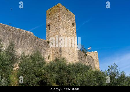 Wachtürme an der Mauer der mittelalterlichen Stadt Monteriggioni, Sienna, Toskana, Italien. Von außen gesehen. Stockfoto