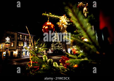 10.12.2024 - Weihnachtsstimmung: Der große und mit einer Lichterkette hell erleuchtete Weihnachtsbaum auf dem Marktplatz der Felkestadt Bad Sobernheim in Rheinland-Pfalz Deutschland aufgenommen durch die Zweige eines kleinen geschmückten Weihnachtsbaums. Bad Sobernheim Innenstadt Rheinland-Pfalz Deutschland *** 10 12 2024 Weihnachtsgeist der große Weihnachtsbaum, der durch die Zweige eines kleinen geschmückten Tannenbaums in Bad Sobernheim Innenstadt Rheinland-Pfalz mit einer Lichterkette auf dem Marktplatz der Felsenstadt Bad Sobernheim in Rheinland-Pfalz erleuchtet wird Stockfoto