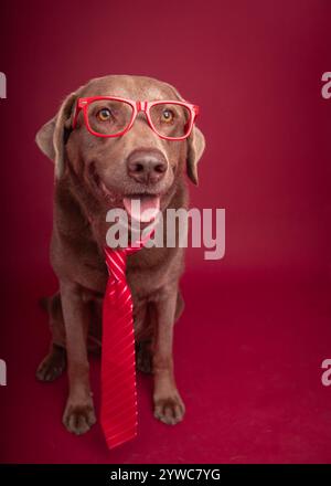 Porträt eines silbernen labrador-Retrievers mit Brille und Krawatte Stockfoto