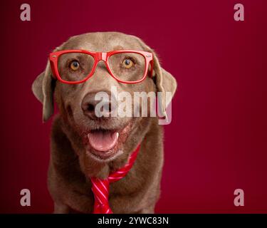 Porträt eines silbernen labrador-Retrievers mit roter Brille und Krawatte Stockfoto