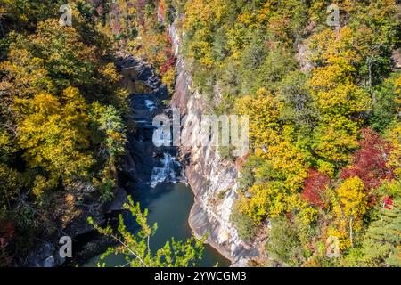 Der Tallulah Gorge State Park bietet im Herbst einen malerischen Blick auf die L'eau d'Or Falls in Tallulah Falls, Georgia. (USA) Stockfoto