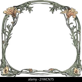 Einrichtung im Jugendstil mit gelben, braunen und rosa Blumenelementen, Gänseblüten und Blüten. Stock Vektor