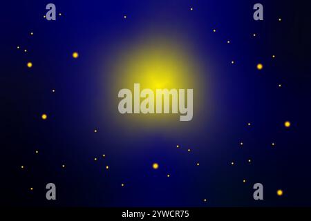 Sternenhimmel. Gelb leuchtende Mitte. Blauer Hintergrund mit Farbverlauf. Illustration des kosmischen Vektors. Stock Vektor