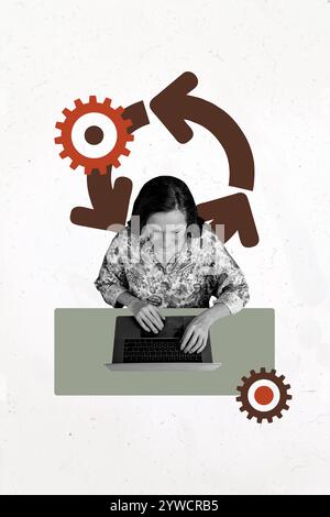 Vertikale Fotocollage minimales Bild einer beschäftigten Dame mit Arbeitsprozess modernes Gerät isolierter grafischer Hintergrund Stockfoto