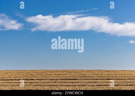 Landschaftsbild eines frisch gepflügten Feldes in der Wassermühle mit blauem Himmel Stockfoto