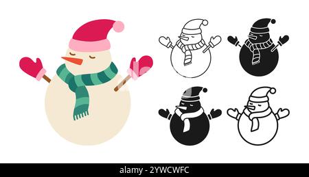 Weihnachtssymbole für Schneemänner. Grafiksymbol Neujahr. Weihnachtsfigur einfache Doodle-Illustration. Schneemannzeichen für Weihnachtsgrußkarte, Postkartenaufkleber Poster Einladungskalender, Webbanner Vektor Stock Vektor