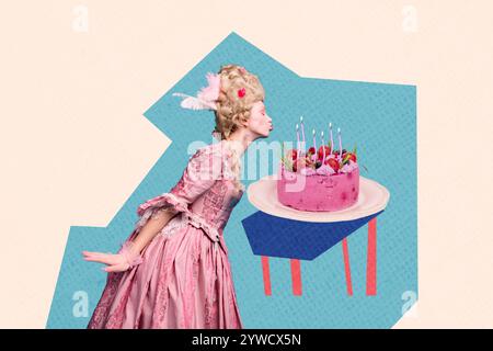 Poster Trend Skizze Vorlage 3D Foto Collage von marie antoinette historische Drama königliche Opulenz Stil junge Dame essen Kuchen Geburtstag Stockfoto