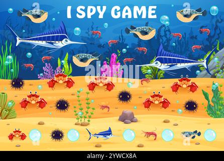Ich spioniere Spieltabellen mit Unterwassertieren aus. Vektorpädagogische Aktivität, Rätsel für das Auffinden von Zeichentrickkrabben, Fischen, Schwertfischen, Segeln und Pufferfischen auf dem Meeresboden, wodurch die Zählfähigkeiten verbessert werden Stock Vektor