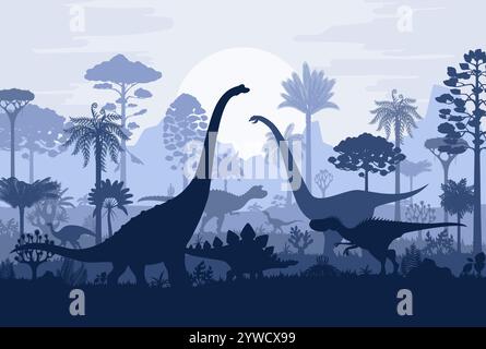 Tropischer Regenwald mit prähistorischen Dinosaurier-Silhouetten im Dschungel-Wald, Vektor-Hintergrund. Dinosaurier, Dino-Eidechsen und Reptilien Silhouetten im Jurassic Regenwald für Museum oder Paläontologie atlas Stock Vektor