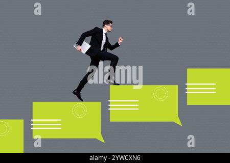 Zusammengesetzte Foto-Collage von seriösen Geschäftsmann Durchlauf Textbox Kommunikation Blase Gespräch Chat-Symbol isoliert auf gemalten Hintergrund Stockfoto