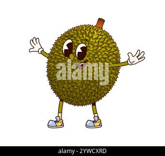 Cartoon groovige Dura-Frucht, lustiger Charakter mit fröhlichem lächelndem Gesicht, Vektor-Funky-Comic. Groovige Retro-Cartoon-Tropenfrucht-Durian mit Lächeln und albernem Ausdruck und guter Atmosphäre zur Entspannung Stock Vektor