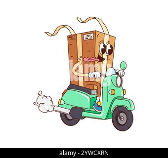 Cartoon groovige Lieferkartonpackung Charakter auf Roller. Vektor lustige Papppakete reitend Moped. Ein lächelndes Paket im Retro-Stil, das Fracht per Post oder Post an den Kunden verschickt Stock Vektor