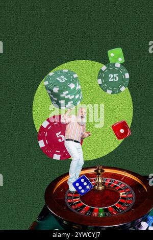 Vertikale Fotocollage des glücklichen alten Mannes Stand Poker Tisch Roulette Chip Bet Gewinner Würfel Casino Dealer isoliert auf gemalten Hintergrund Stockfoto