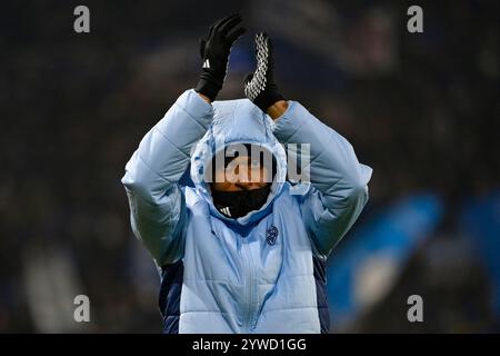10. Dezember 2024; Gewiss-Stadion, Bergamo, Italien, UEFA Champions League Fußball, Atalanta gegen Real Madrid; Kylian Mbappe von Real Madrid feiert ihren Sieg für 2-3 Stockfoto