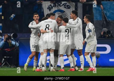 10. Dezember 2024; Gewiss-Stadion, Bergamo, Italien, UEFA Champions League Fußball, Atalanta gegen Real Madrid; Kylian Mbappe von Real Madrid feiert ein Tor Stockfoto