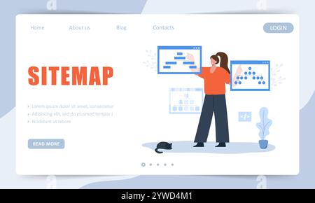 Sitemap-Konzept. Vorlage für Landing-Page. Website-Navigation für den Benutzer. Entwicklungsstrategie für Frauen. UX-Designer-Workflow. Vektorabbildung Stock Vektor