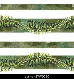 Weihnachtliche grüne Tannenzweige in einem nahtlosen Muster auf weißem Hintergrund. Aquarellabbildung mit Zweigen eines immergrünen Baumes für Geschenkpapier, Stockfoto