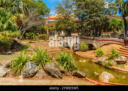 Eine Brücke überspannt einen kleinen Fluss in einem Park. Die Brücke besteht aus Stein und ist von Bäumen umgeben. Der Park ist üppig und grün, mit einer Vielzahl von Pflanzen A Stockfoto