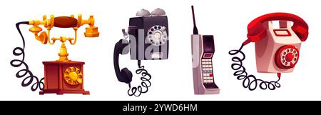 Vintage-Telefon-Zeichentrickset. Retro-Telekommunikationsgeräte - antikes hölzernes Drehmodell, wandmontiertes Telefon, Handy, klassisches rotes Telefon. Historische Telefoniekommunikationstechnologie. Stock Vektor