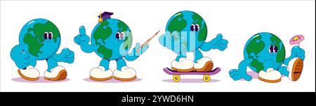 Planet Earth Cartoon Maskottchen mit positiven Emotionen in lustigen Posen - selbstbewusstes Gehen, Lehren mit Abschlusskappe, Skateboard fahren, Entspannen mit Blumen. Globaler Zeichensatz für umweltfreundliche Werbeaktion Stock Vektor