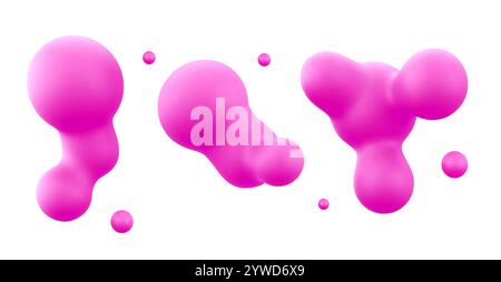 Leuchtend rosa 3D-Blobs mit glatten, abgerundeten Formen, die auf weißem Hintergrund schweben. Abstrakte flüssige Formen mit weichen Gradienten. Verspielte futuristische Metaballs. Runde Wasserspritzer, Öl- oder Lavaelemente. Stock Vektor